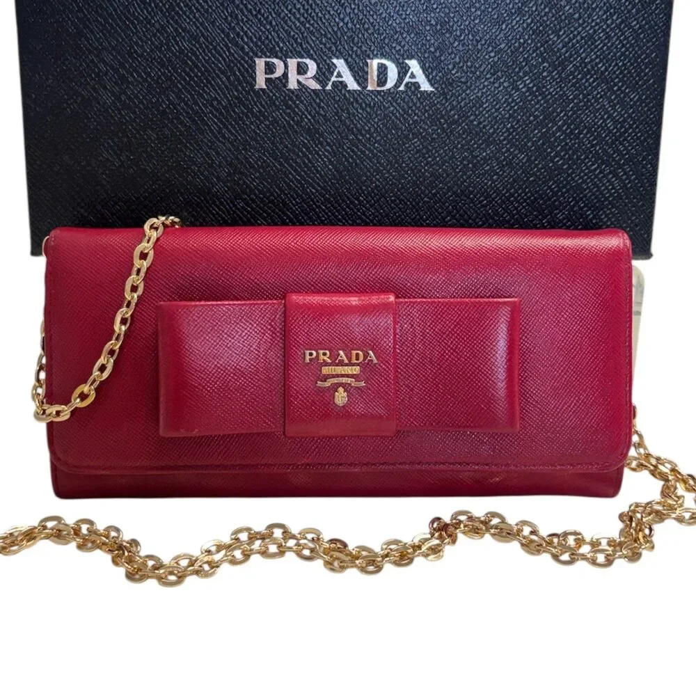 PRADA Magenta Saffiano Leather Bow Wallet with added Chain - Picture 1 of 9